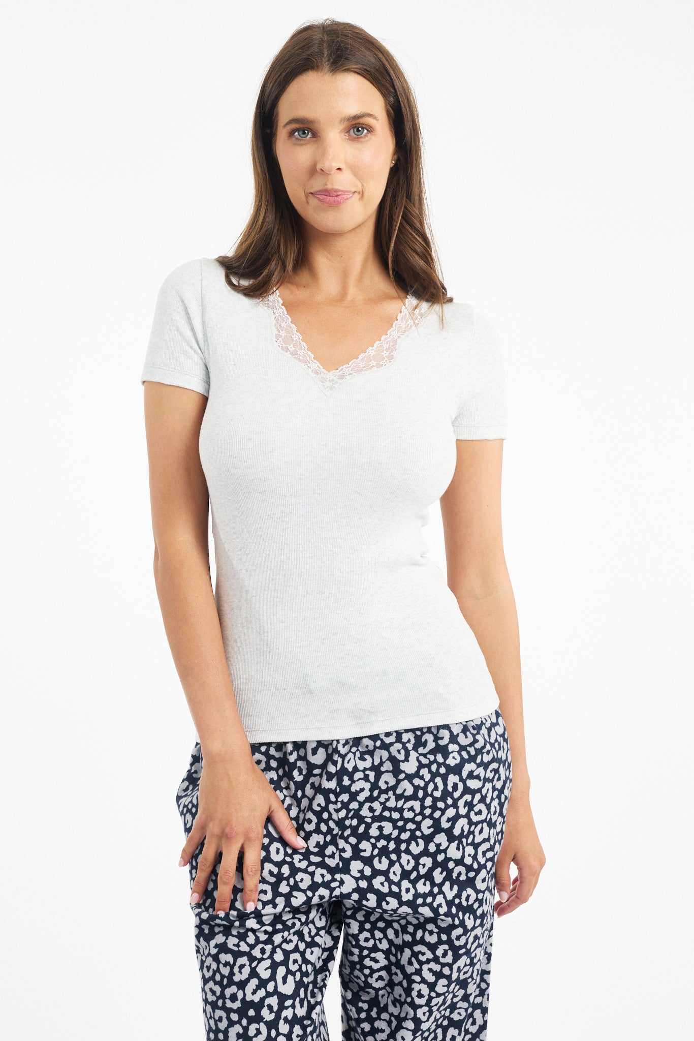 Cotton Short Sleeve With Lace - Grey Marle