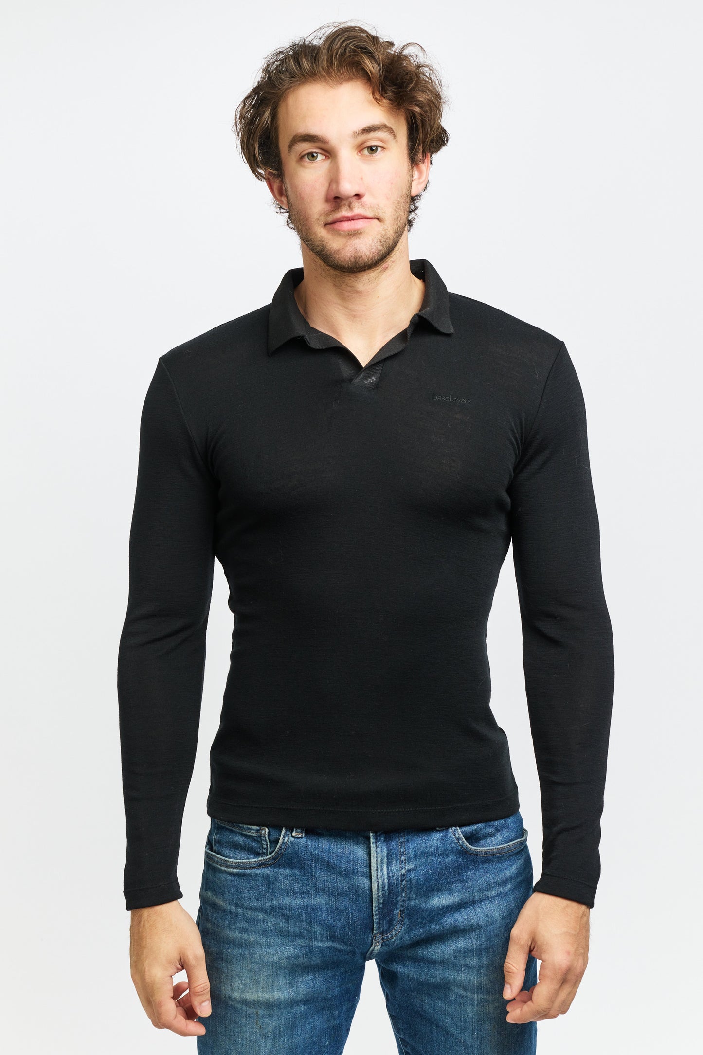 NEW Men's Pure Merino Wool POLO Long Sleeve - Black