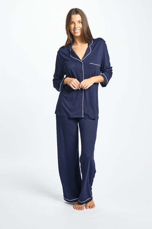 Morning Honey Navy Piped PJ Set - Navy
