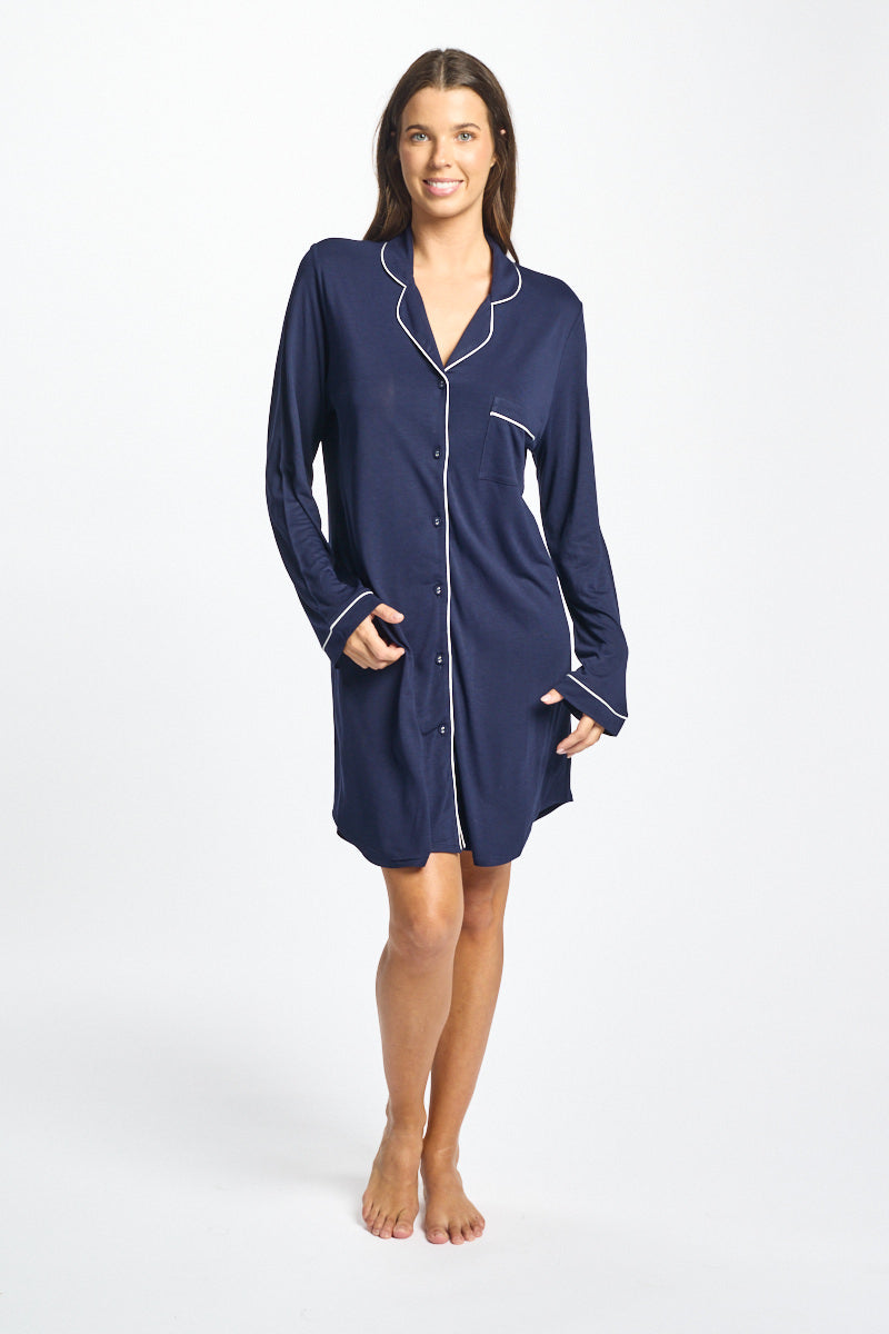 Morning Honey Piped SleepShirt - Navy