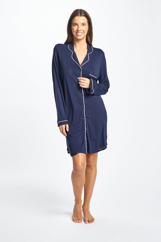 Morning Honey Piped SleepShirt - Navy