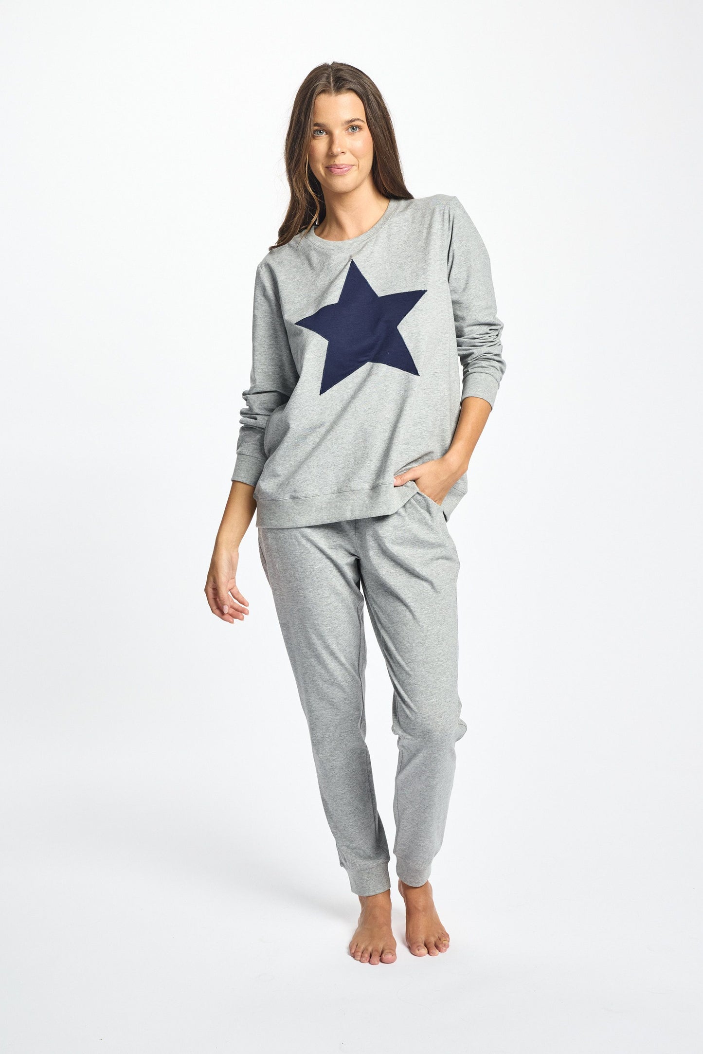 Cotton Long Sleeve Sleep Top - Grey Marle/Navy Star