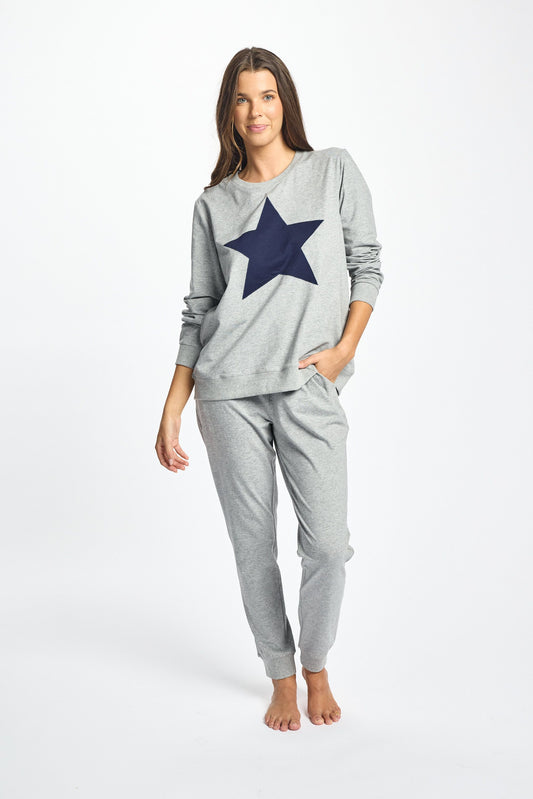 Cotton Long Sleeve Sleep Top - Grey Marle/Navy Star