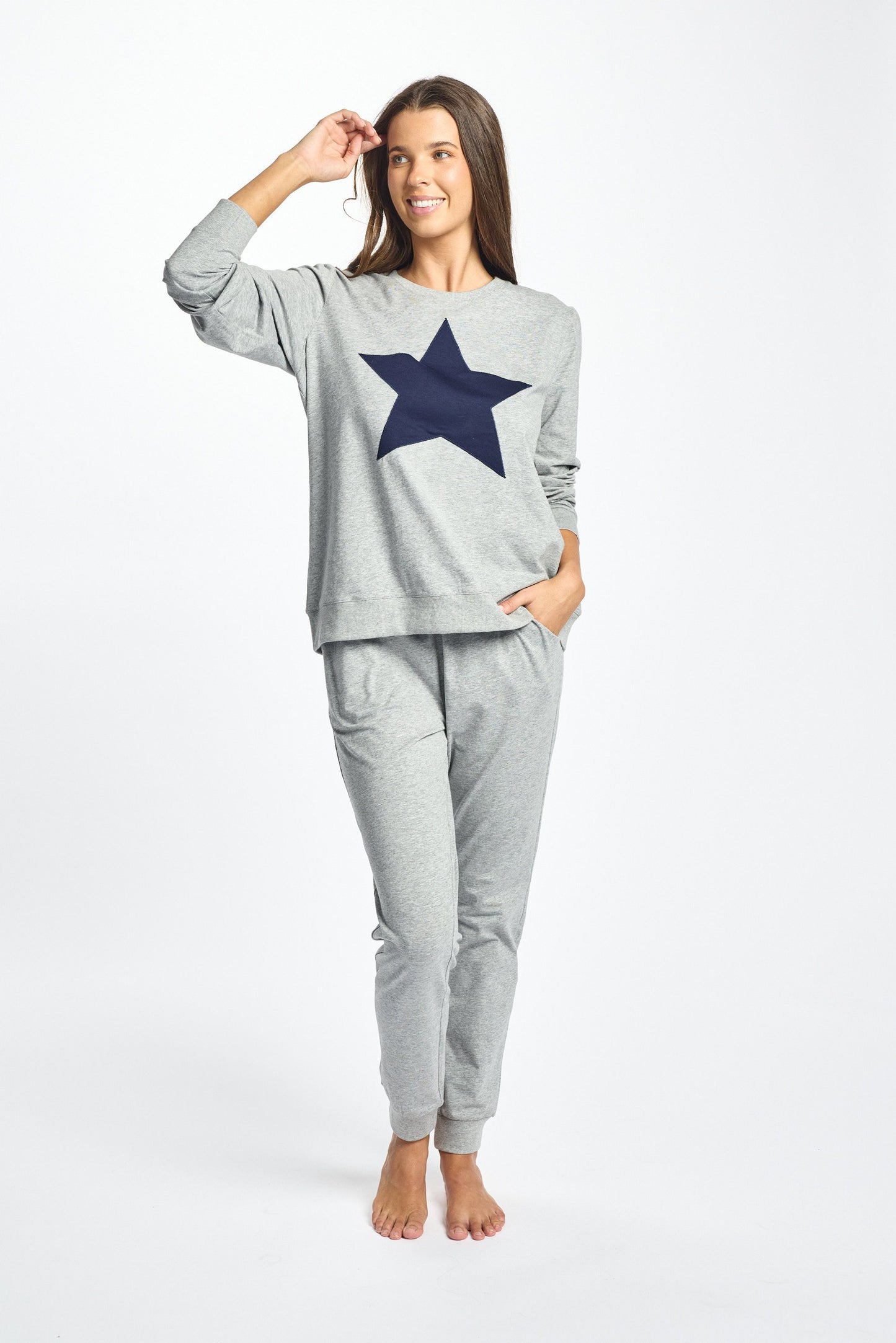 Cotton Long Sleeve Sleep Top - Grey Marle/Navy Star