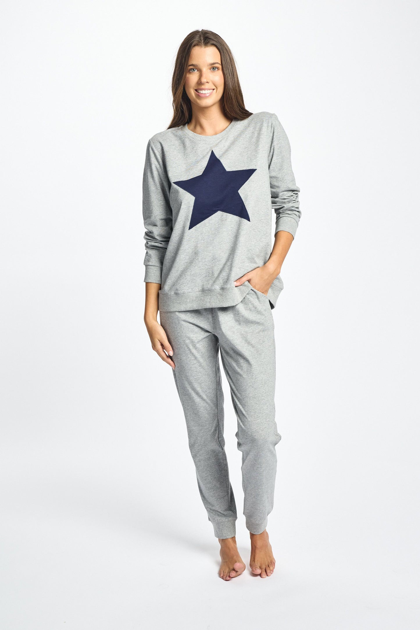 Cotton Long Sleeve Sleep Top - Grey Marle/Navy Star