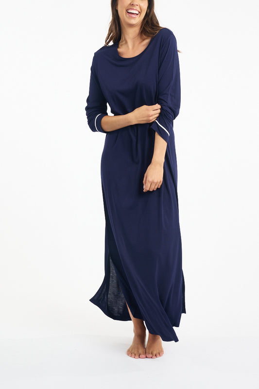 Morning Honey Piped Lounge SleepShirt - Navy