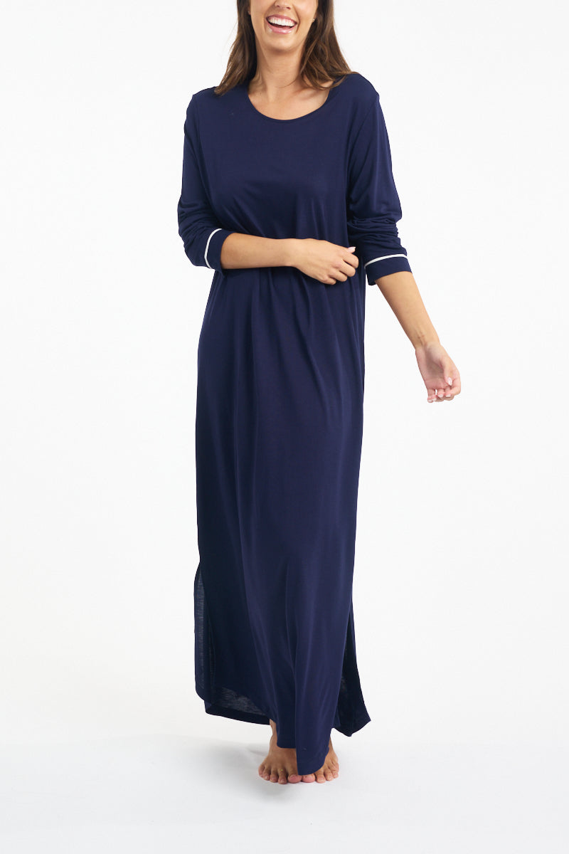 Morning Honey Piped Lounge SleepShirt - Navy