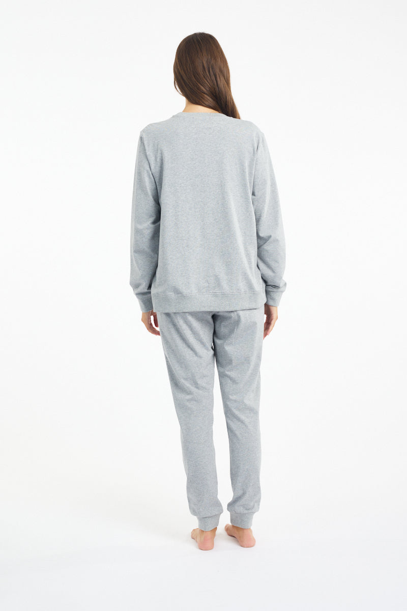 Cotton Long Sleeve Sleep Top - Grey Marle/Pink Star