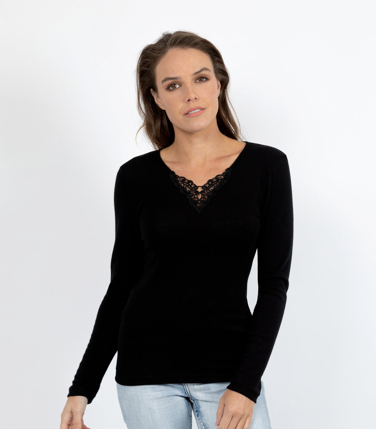 Pure Merino Wool 200gsm L/Slve with Lace Motif Insert - Black