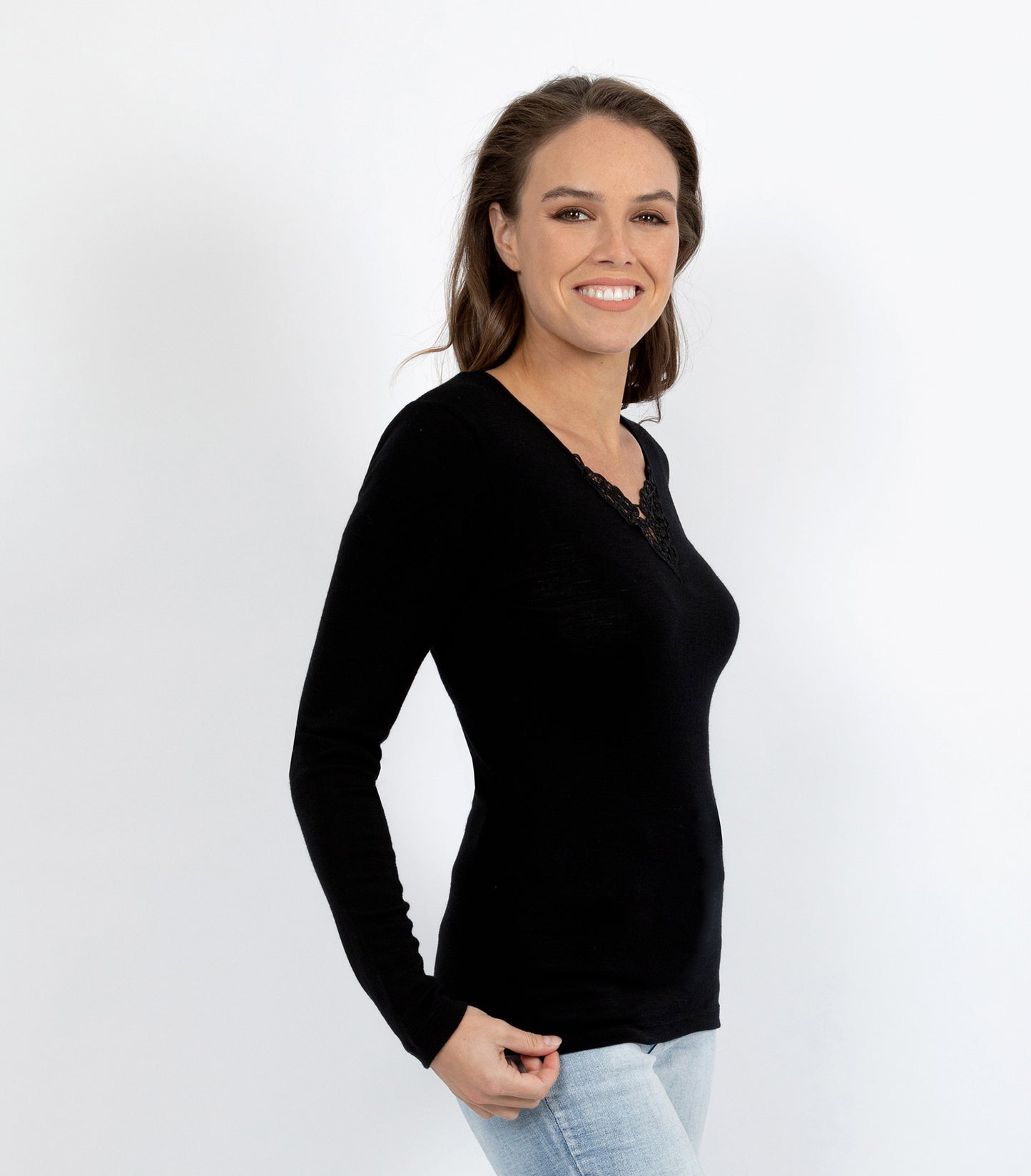 Pure Merino Wool 200gsm L/Slve with Lace Motif Insert - Black