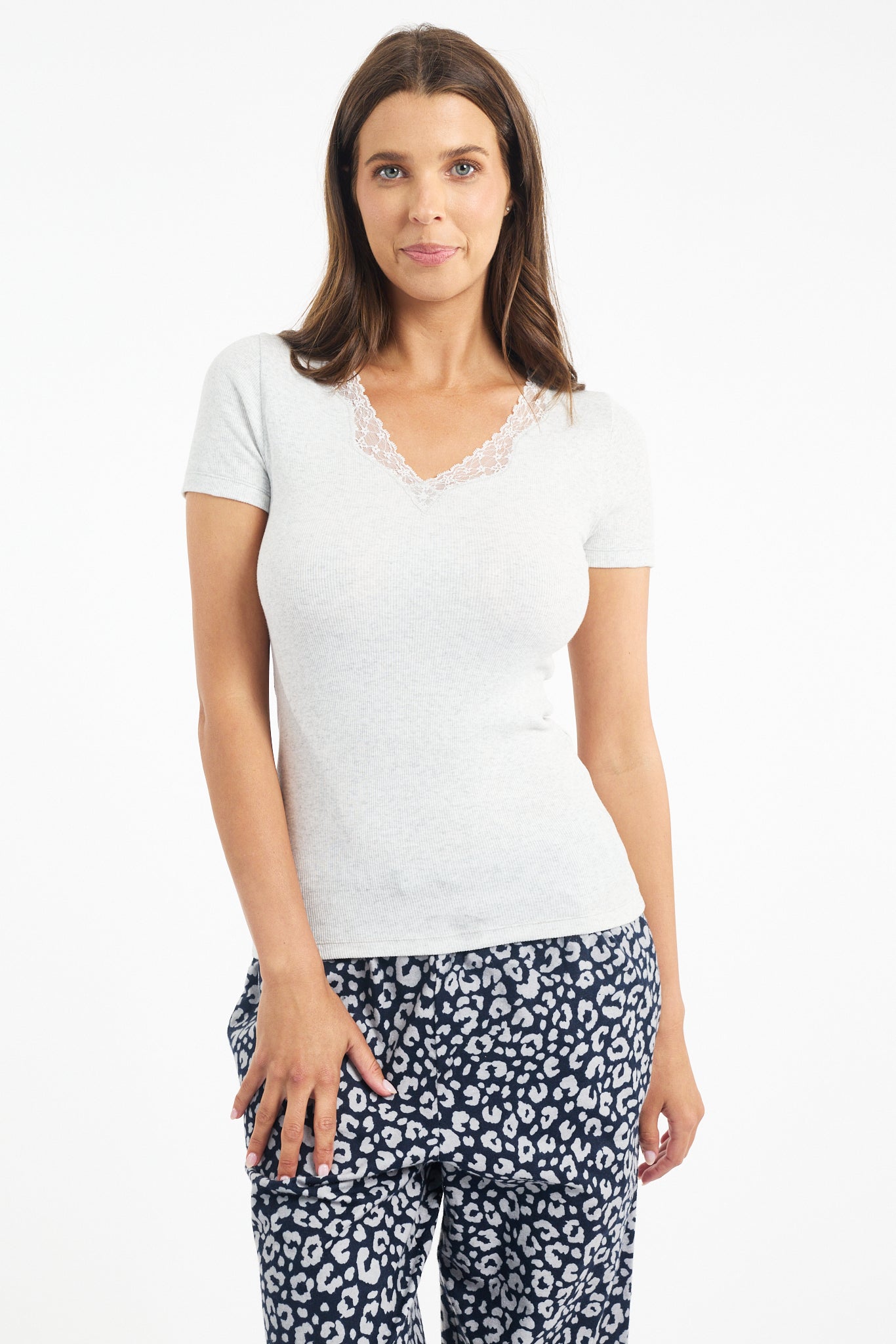 100% Cotton Short Sleeve With Lace - Grey Marle