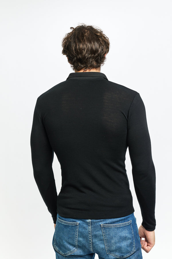 Black Long Sleeve Polo Shirt in Pure Australian Merino Wool