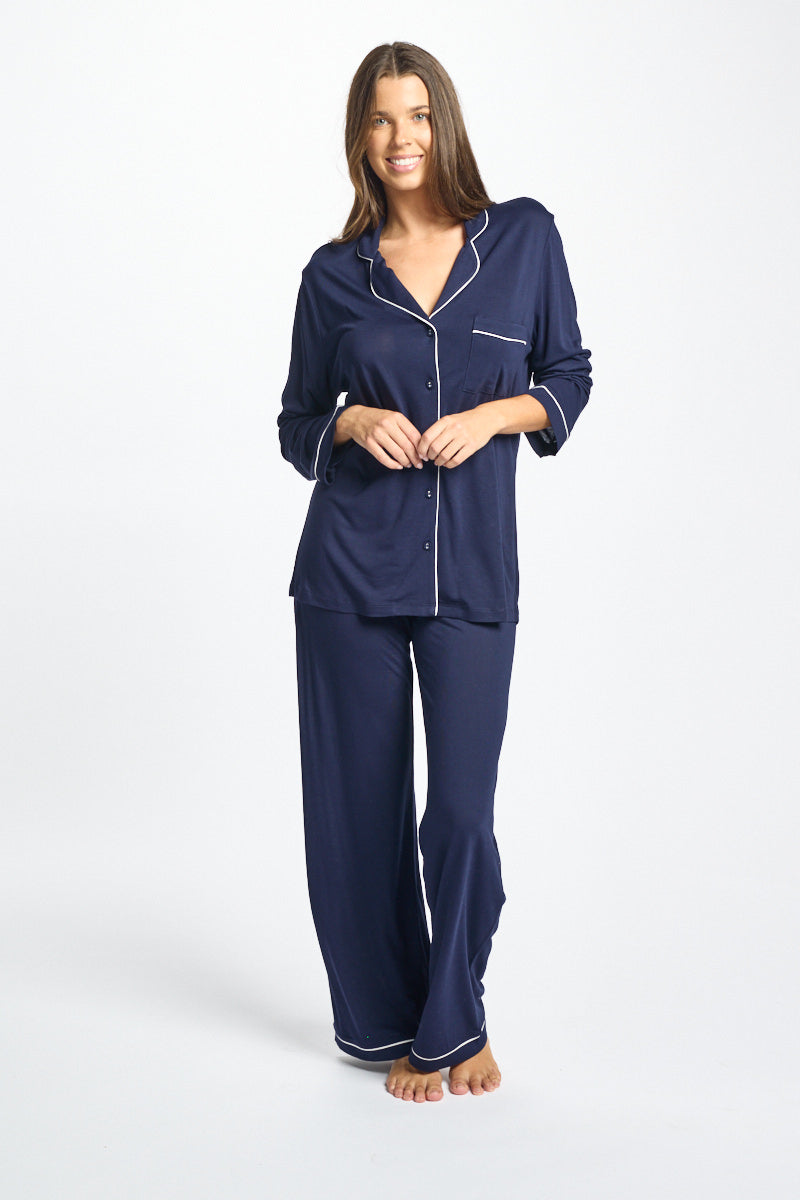 New Morning Honey Navy Piped PJ Set - Navy