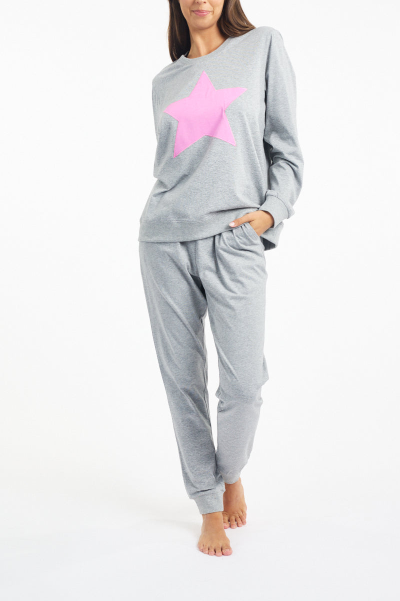 Cotton Long Sleeve Sleep Top - Grey Marle/Pink Star