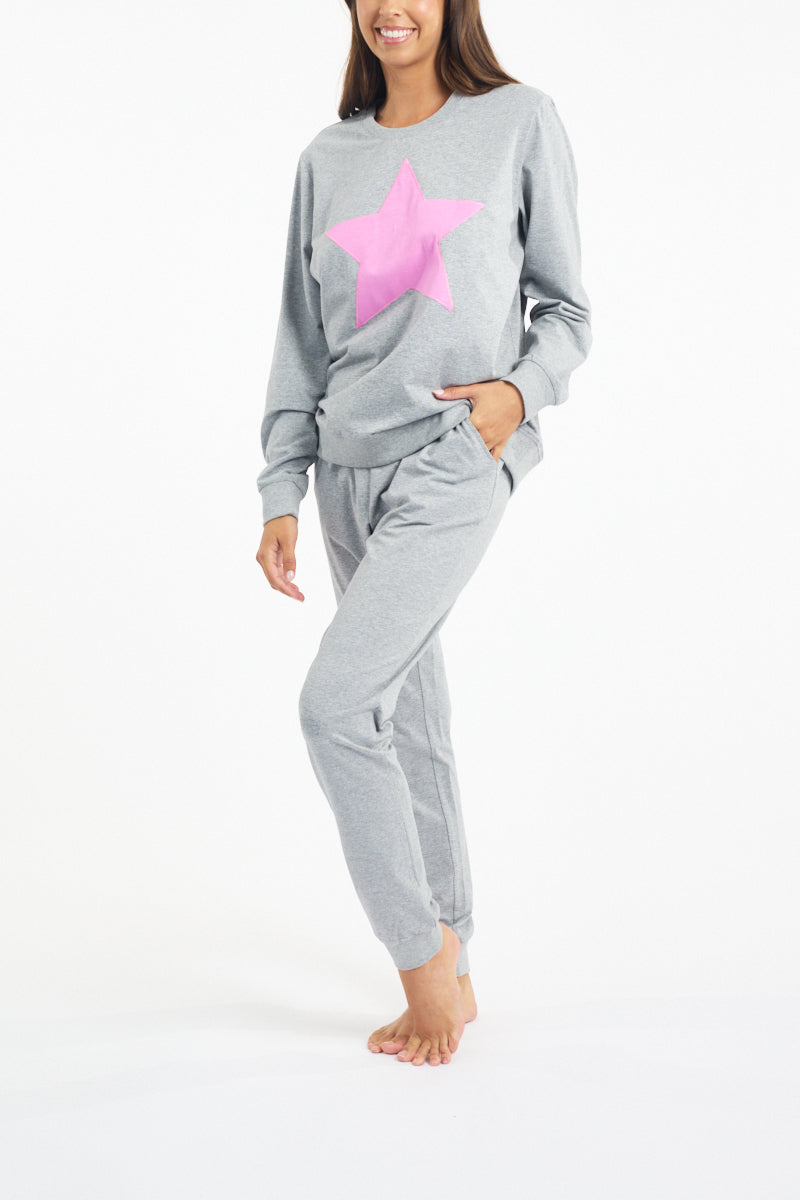 Cotton Long Sleeve Sleep Top - Grey Marle/Pink Star