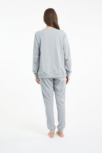 Cotton Long Sleeve Sleep Top - Grey Marle/Pink Star