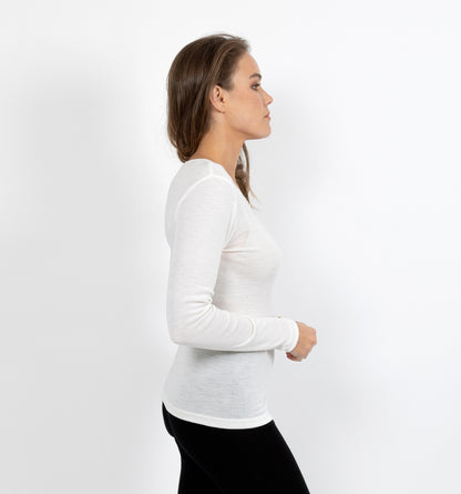 Pure Merino Wool 200gsm L/Slve with Lace Motif Insert - Ivory